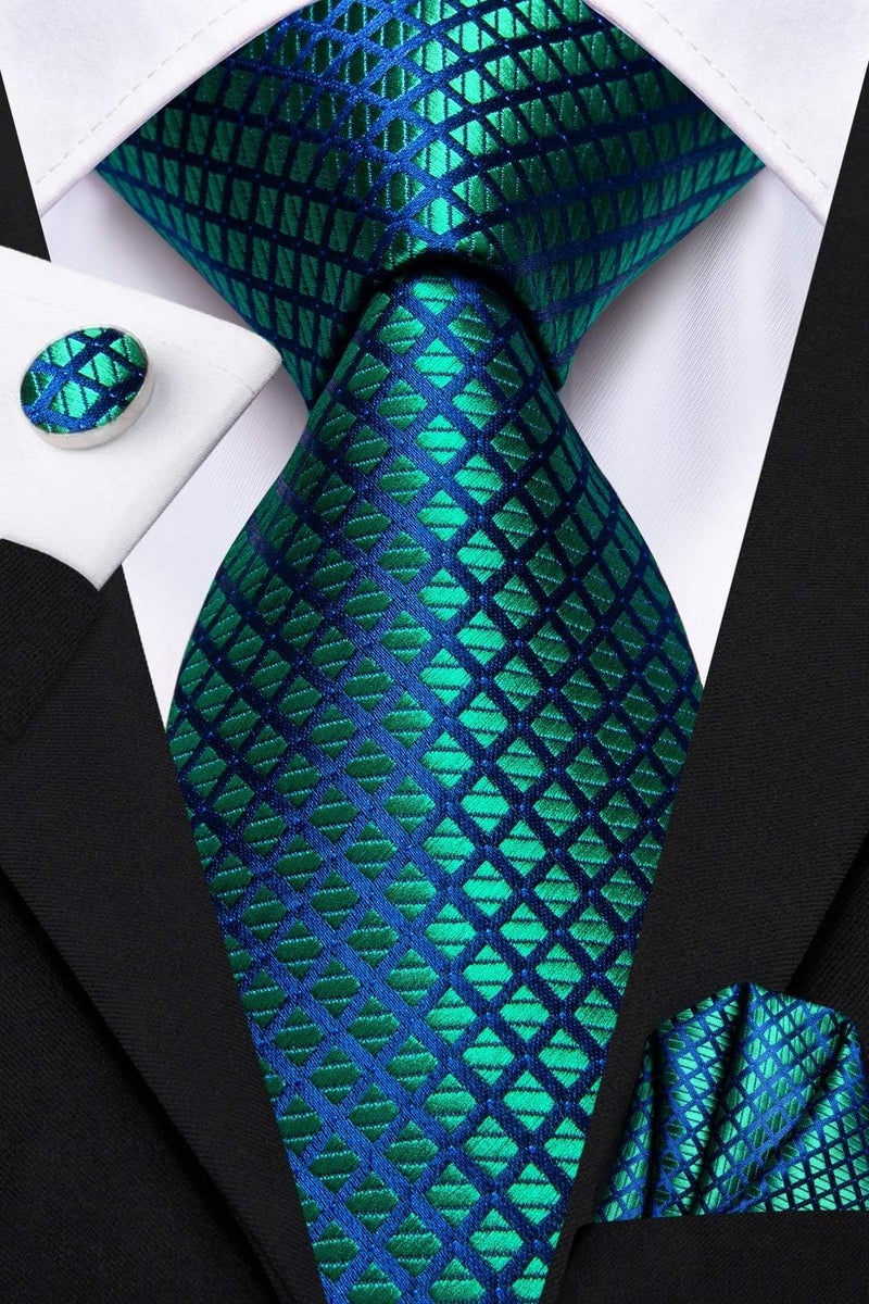 Dubulle Mens Blue Green Plaids Floral Silk Tie for Men Striped Necktie and Pocket Square Cufflinks Set Wedding Business - Image 3